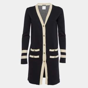 Chanel Black Knit Contrast Trim Long Cardigan S