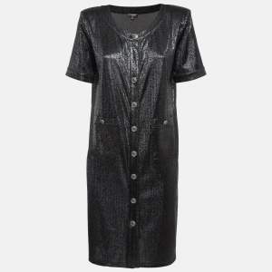 Chanel Black Metallic Lurex Knit Button Front Shift Dress M