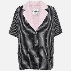 Chanel Black/Pink CC Stripe Cotton Tweed Trim Jacket S