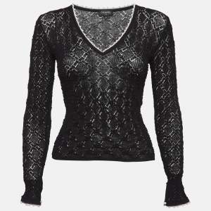 Chanel Black Patterned Knit Pearl Embellished Top M