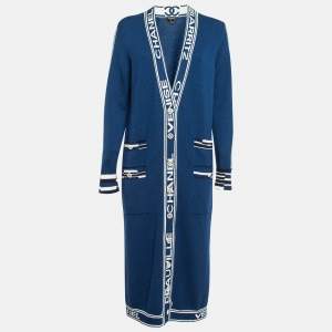 Chanel Blue Logo Patterned Cashmere Knit Cardigan M
