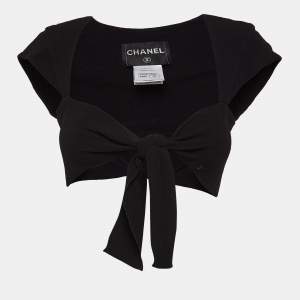 Chanel Black Textured Crepe Front Tie Detail Crop Top M