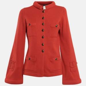 Chanel Red Cashmere Button Front Sleeve Detail Cardigan L