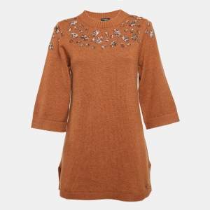 Chanel Brown Embellished Cashmere Knit Tunic Sweater M