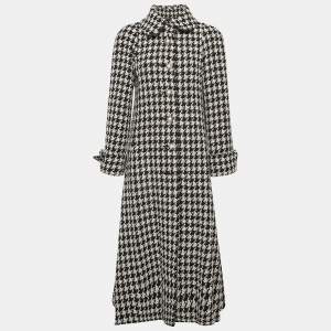 Pre Owned Chanel Black/White Lurex Houndstooth Mid-Length Coat M