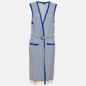Chanel Blue/White Wavy Knit Sleeveless Belted Long Cardigan XL
