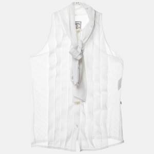 Chanel White Mesh Neck Tie Button Front Shirt S