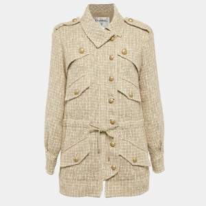 Chanel Beige Tweed Belted Button Detail Jacket S