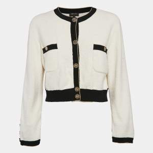 Chanel White Terry Cotton Contrast Trim Cardigan M