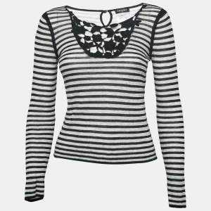 Chanel Black Stripe Knit Neck Lace Trimmed Top S