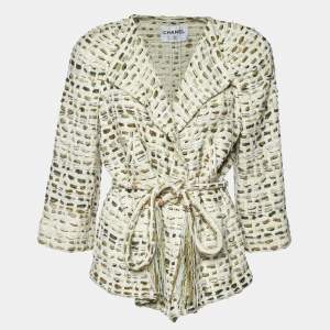 Chanel Cream Tweed Belted Jacket L