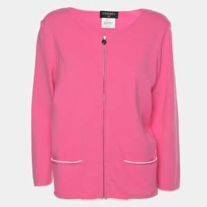Chanel Pink Stretch Knit Fabric Cardigan M