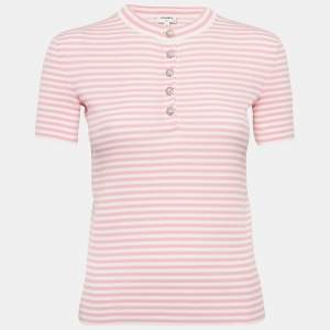 Chanel Pink/White Stripe Rib Knit Band Collar Top S