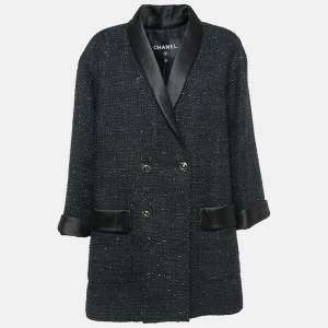 Chanel Black Double Breasted Tweed Oversized Blazer L