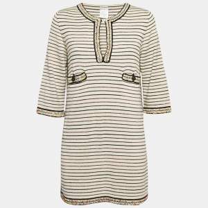 Chanel Beige Striped Knit Beads Embellished Mini Dress M