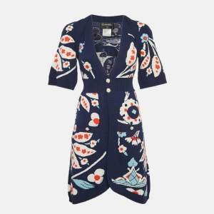 Chanel Blue Floral Intarsia Cashmere Jewel Button Detail Cardigan S