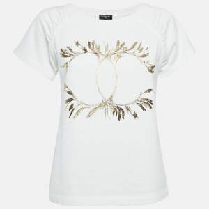 Chanel White Logo Foil Print Knit Round Neck T-Shirt XS