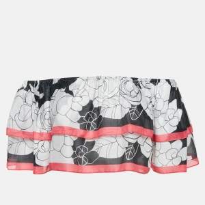 Chanel White/Pink Floral Print Cotton Gathered Neck Top S