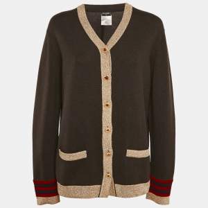 Chanel Brown Cashmere Button Front Lurex Contrast Cardigan M