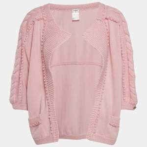 Chanel Pink Patterned Knit Cashmere Open Front Cardigan M