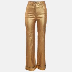 Chanel Gold Print Denim Wide Leg Jeans S Waist 28"