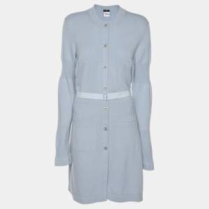 Chanel Light Blue Rib Knit Cashmere Long Sleeve Mini Belted Dress L