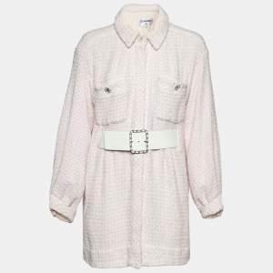 Chanel Pink/White Tweed Belted Jacket L