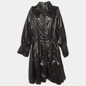 Chanel Black Nylon Hooded Zip Up Coat L