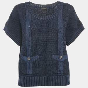 Chanel Navy Blue Wool Crochet Pullover XL
