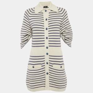 Chanel White/Blue Striped Rib Knit Buttoned Mini Dress M