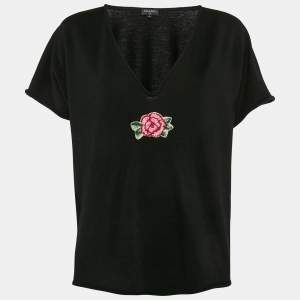 Chanel Black Rose Embroidered Wool Blend V-Neck Top XL
