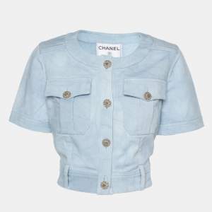 Chanel Indigo Light Wash Denim Cropped Short Sleeve Jacket S