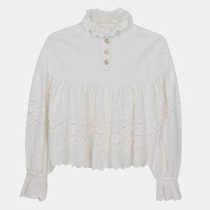 Chanel White Cotton Blend Puff Sleeve Crop Knit Top Size 36 