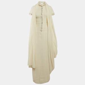 Chanel Cream Embellished Silk Trail Detail Long Dress S