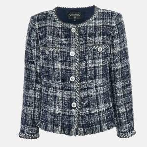 Chanel Navy Blue Tweed Logo Button Detail Jacket L