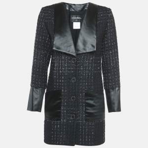 Chanel Black Satin Trim Tweed Coat S