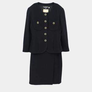 Chanel Black Wool Suit Collarless Jacket Skirt Set Women Size 38 