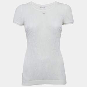 Chanel White Stretch Knit Logo Detail Top M