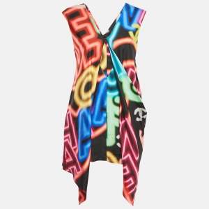  Chanel Multicolor Graffiti Print Silk Asymmetric V-Neck Mini Dress S
