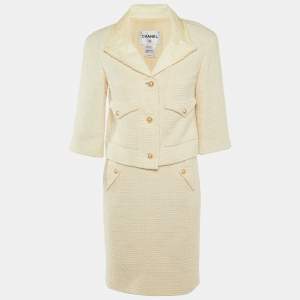 Chanel White Tweed Leather Trim Detail Jacket & Skirt Suit M
