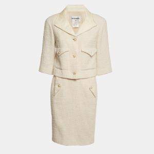 Pre Owned Chanel White Tweed Leather Trim Detail Jacket & Skirt Suit M