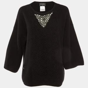 Chanel Black Camelia Cashmere Knit Crew Neck Sweater L