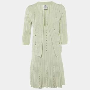 Chanel Mint Green Ribbed Knit Dress & Cardigan Set M/L