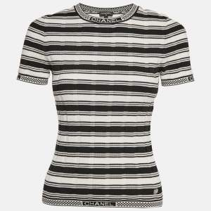 Chanel Black/White Striped Knit Logo Trim Detail Top S