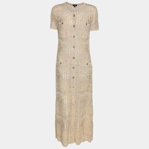 Chanel Metallick Beige Lurex Knit CC Rue Cambon Button Front Long Dress M
