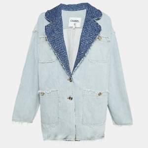 Chanel Blue Tweed Trim Collar Denim Raw Edges Jacket S