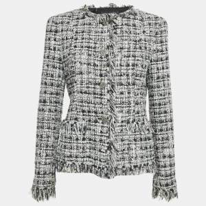 Chanel Black/White Tweed Fringed Button Front Jacket L