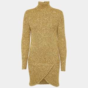 Chanel Gold Sequin Embellished Rib Knit Mini Sweater Dress S