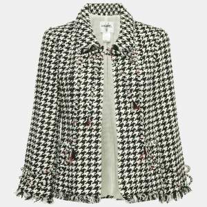 Chanel Black Houndstooth Tweed Open Front Jacket L