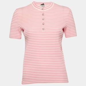 Chanel Pink/White Stripe Rib Knit Button Detail Top M